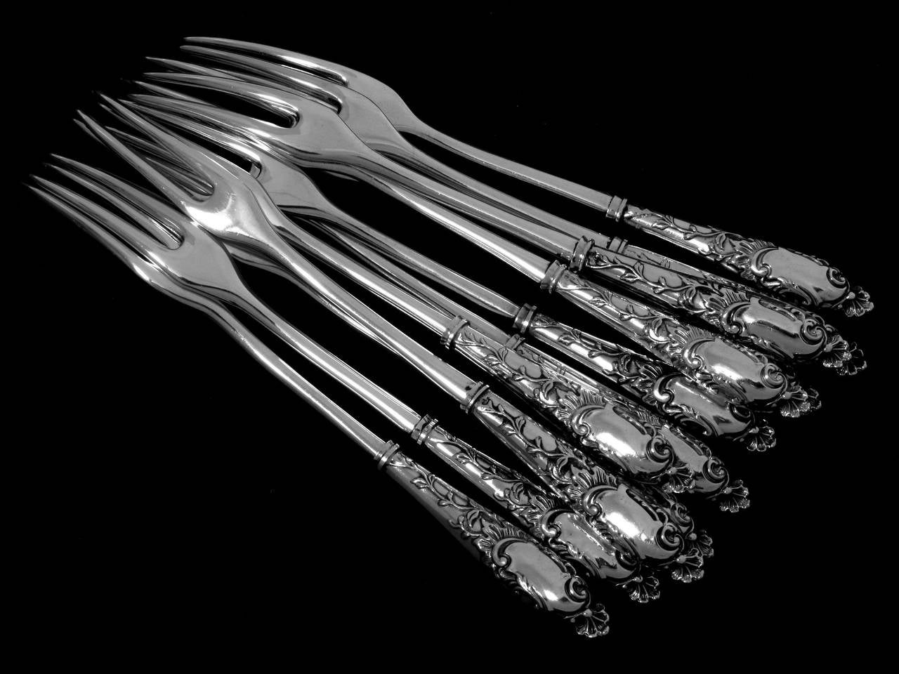Gabert French Sterling Silver Shellfish Snails Forks Set 12 pc Rococo For Sale 4