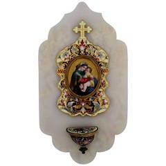 French Champleve Enamel Holy Water Font Madonna and Child Porcelain Painting