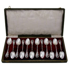 Antique Canaux Masterpiece French Sterling Silver Tea/Coffee Spoons Set 12 pc Cherubs
