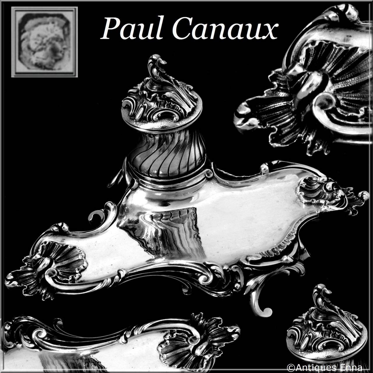 Canaux Rare French All Sterling Silver Inkwell Exaggerated Rococo Pattern

Extremely rare french all sterling silver inkwell with its original ink pot and exaggerated Rococo pattern. The french inkwells are usually made of silverplate or bronze.