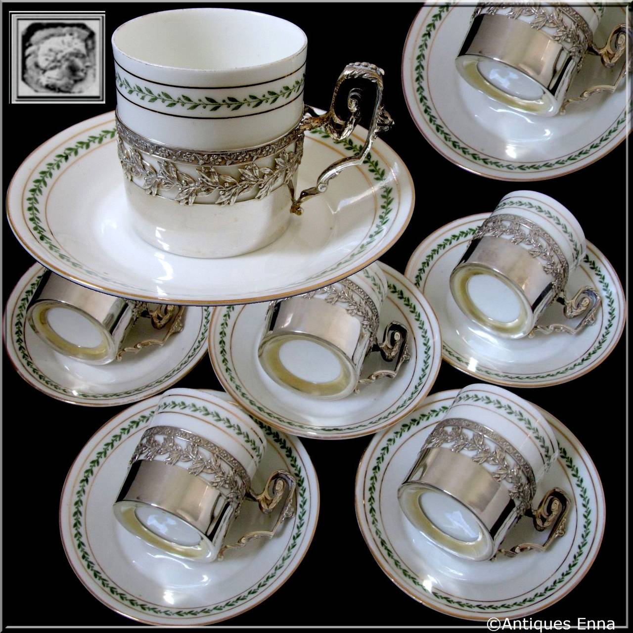 1870's French Sterling Silver Porcelain of Paris Six Coffee Tea Cups with Saucers Empire pattern.

Exceptional and rare service Napoleon III period, including six tea/coffee cups with matching saucers in Paris Porcelain and six demitasse in all