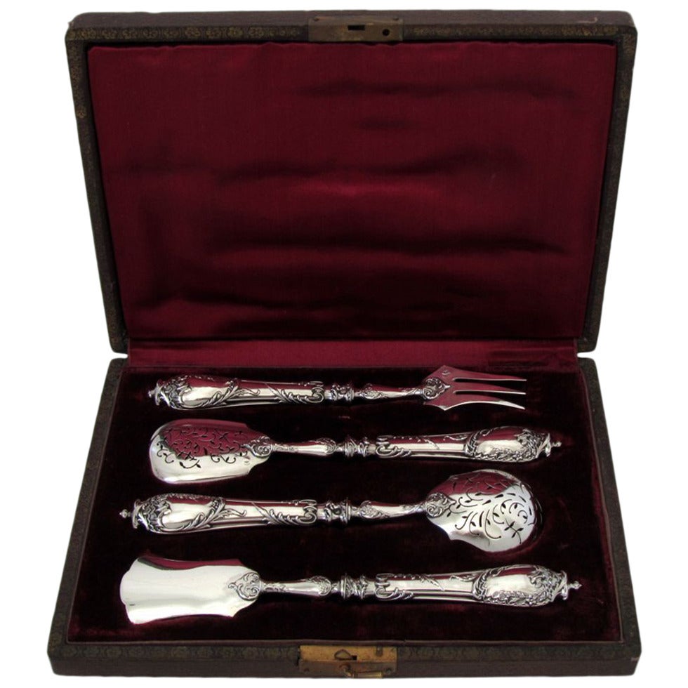 Ravinet French All Sterling Silver Dessert Hors d'Oeuvre Set 4 pc w/box Rococo For Sale