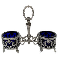 Antique French Sterling Silver and Cobalt Glass Open Salt Caddy Napoleon III