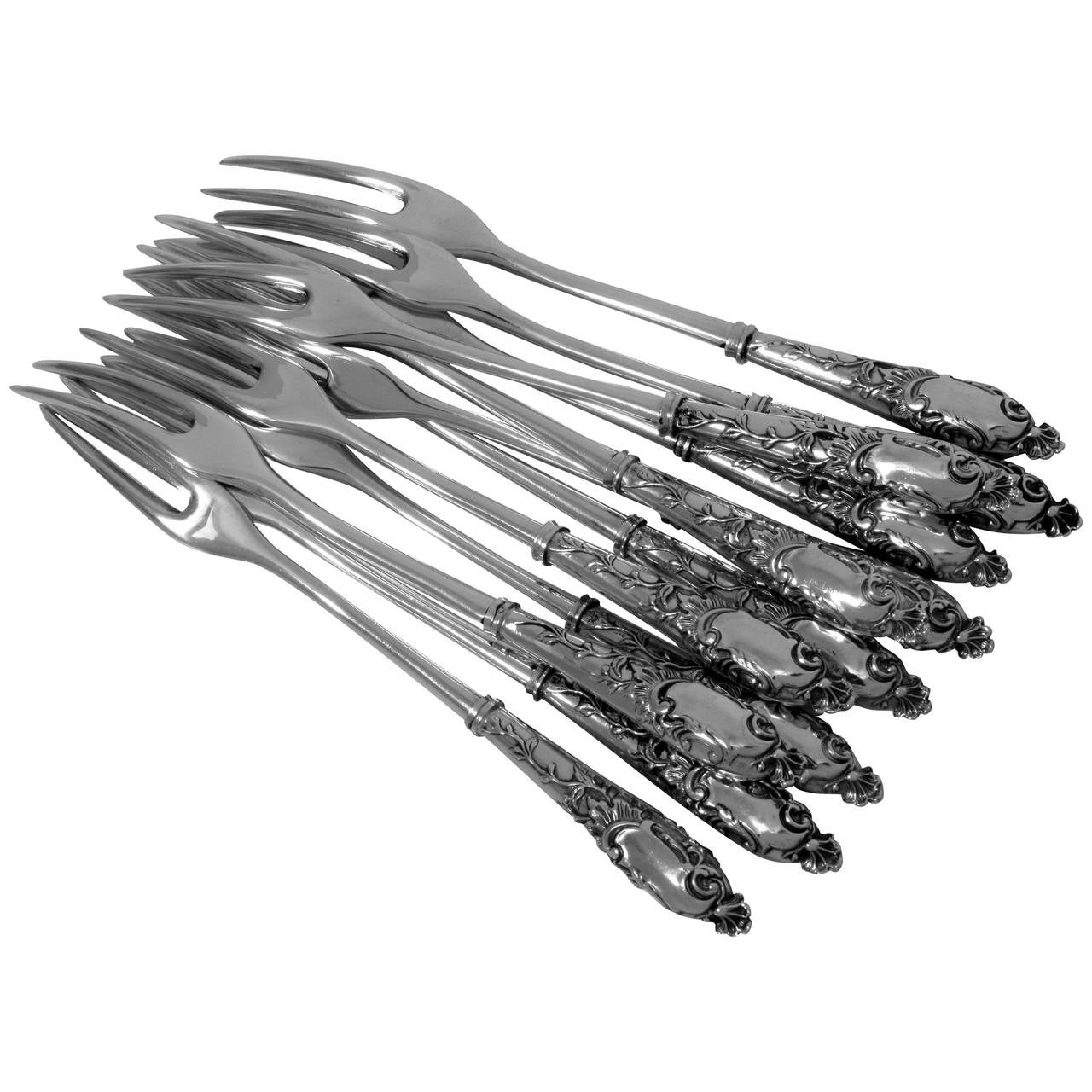 Gabert French Sterling Silver Shellfish Snails Forks Set 12 pc Rococo For Sale