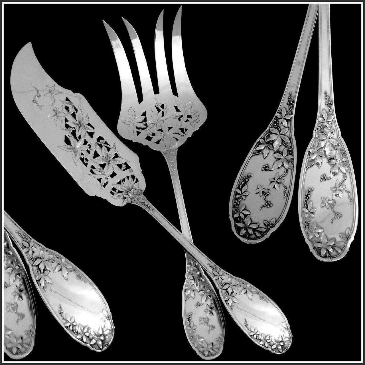 Fabulous French All Sterling Silver Fish Servers 2 pc Vine Leaves pattern For Sale at 1stDibs