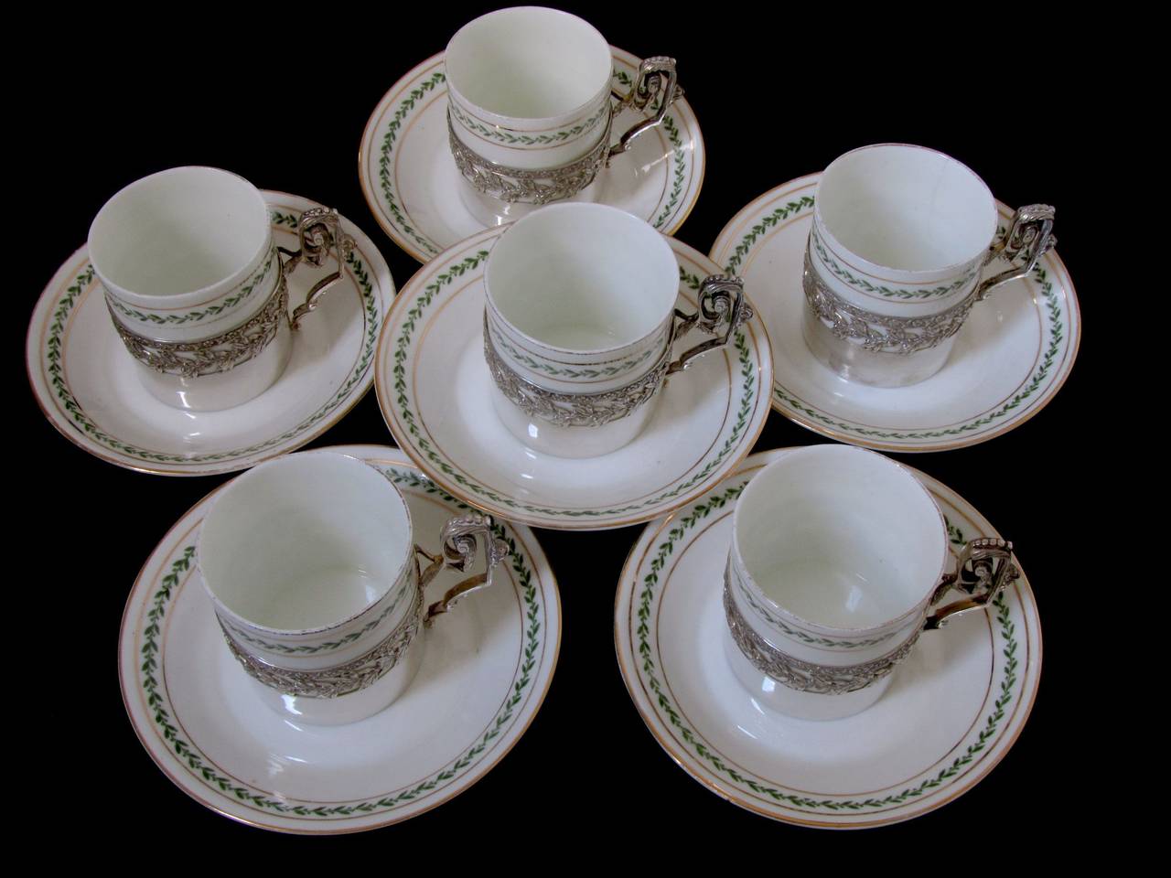 1870s French Sterling Silver Porcelain of Paris Six Tea Cups w/Saucers Empire For Sale 3