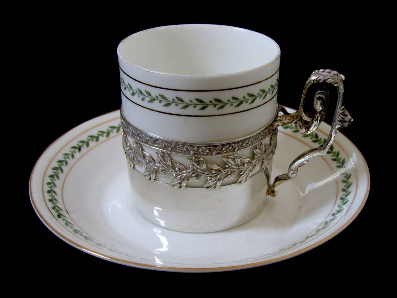 1870s French Sterling Silver Porcelain of Paris Six Tea Cups w/Saucers Empire For Sale 2