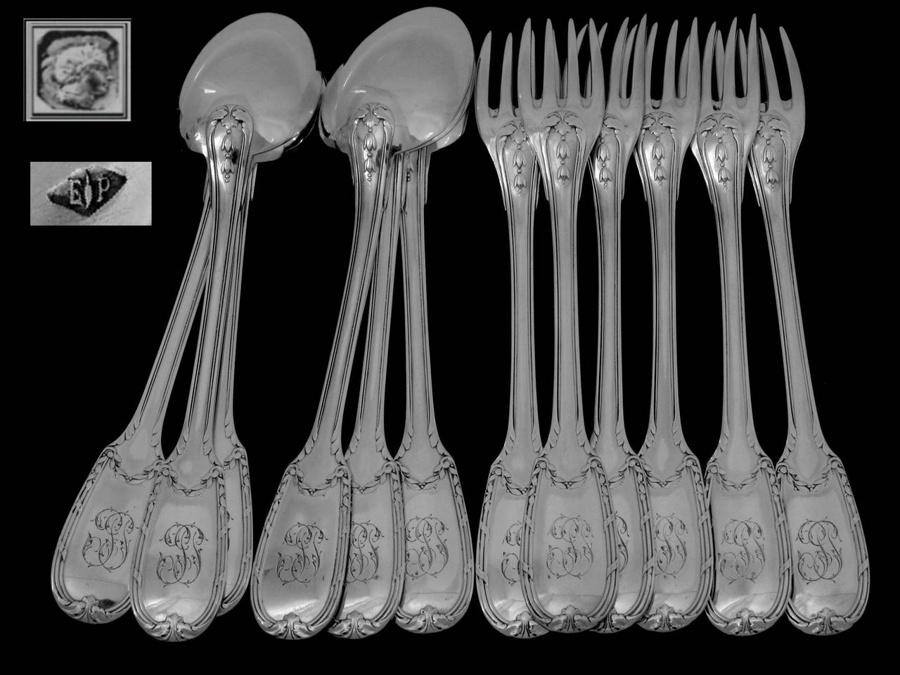 Puiforcat French Sterling Silver Dinner Flatware Set 12 pc Neoclassical For Sale 5