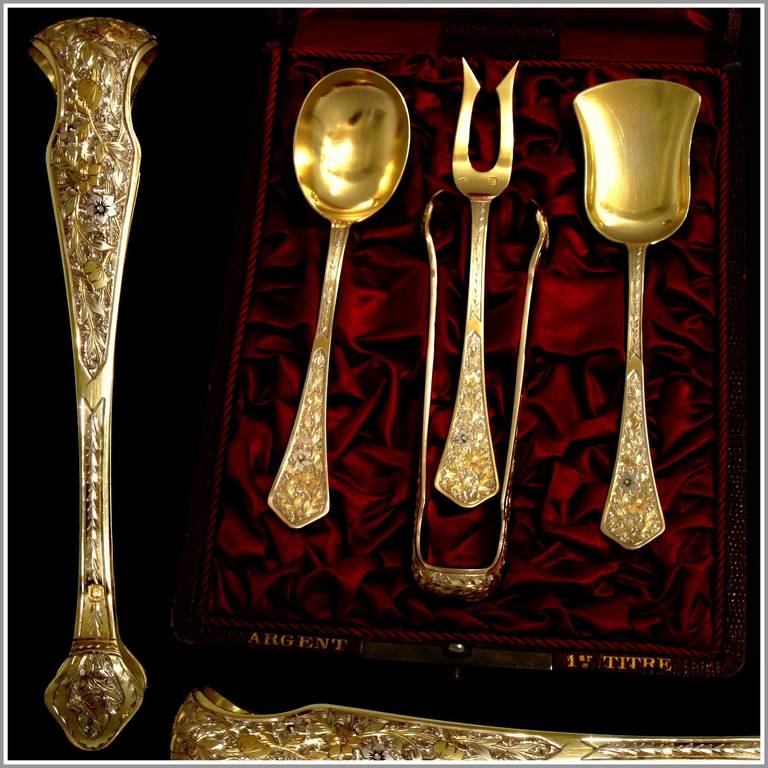 Rare French All Sterling Silver Vermeil Dessert Set 4 pc Three colours of Gold

Head of Minerve 1 st titre for 950/1000 French Sterling Silver Vermeil guarantee

An exceptional set from the point of view of its design as well as the quality of