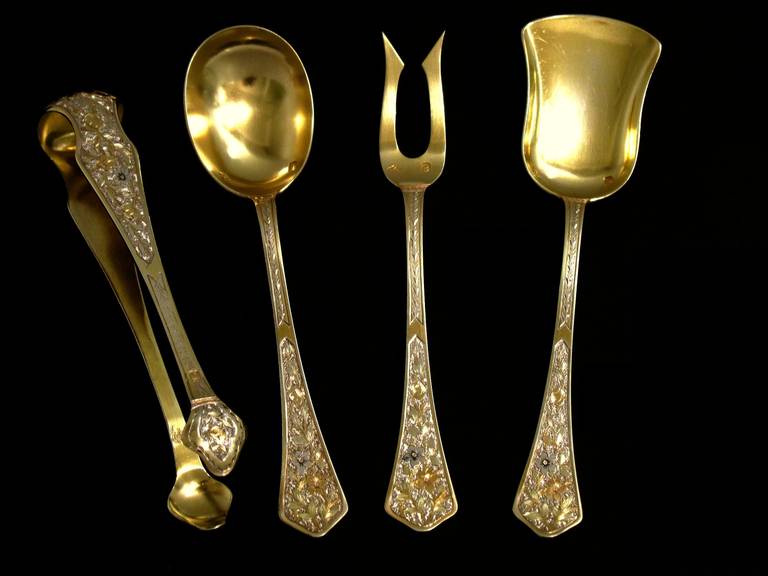 Victorian Rare French All Sterling Silver Vermeil Dessert Set 4 pc Three Colours of Gold For Sale