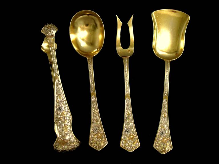 Women's or Men's Rare French All Sterling Silver Vermeil Dessert Set 4 pc Three Colours of Gold For Sale