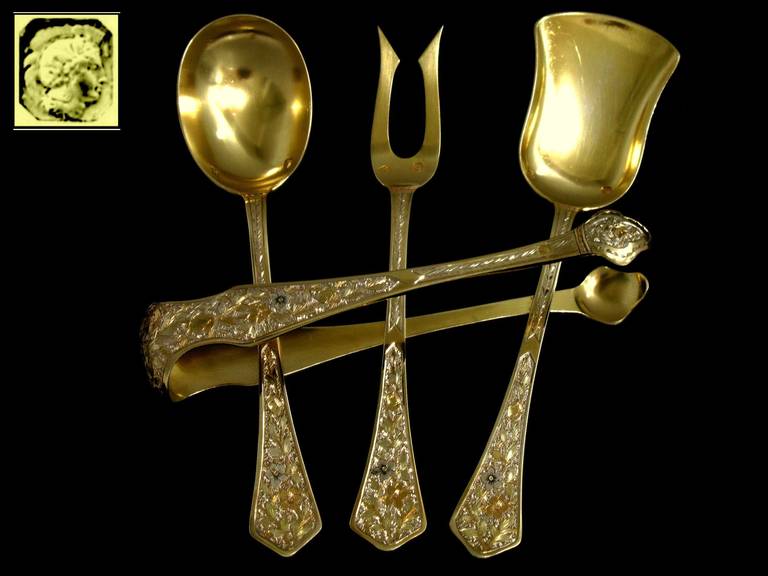 Rare French All Sterling Silver Vermeil Dessert Set 4 pc Three Colours of Gold For Sale 1