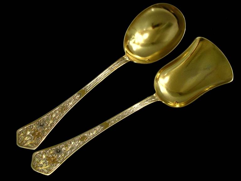 Rare French All Sterling Silver Vermeil Dessert Set 4 pc Three Colours of Gold For Sale 2
