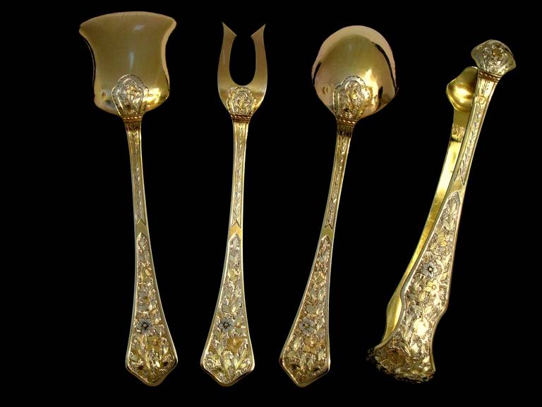 Rare French All Sterling Silver Vermeil Dessert Set 4 pc Three Colours of Gold For Sale 4