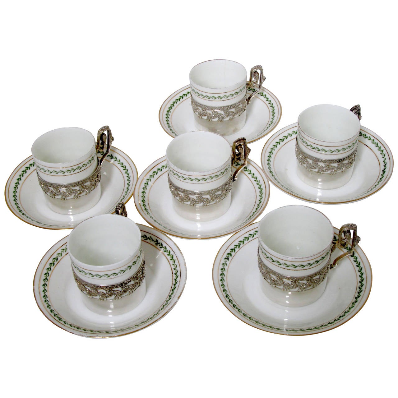 1870s French Sterling Silver Porcelain of Paris Six Tea Cups w/Saucers Empire For Sale
