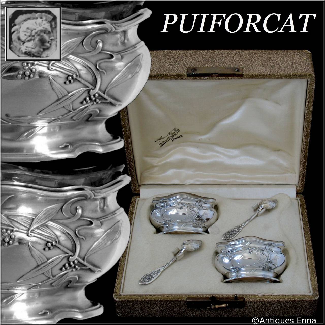 Puiforcat French Sterling Silver Vermeil Salt Cellars Pair Box Art Nouveau In Good Condition In Triaize, Pays de Loire