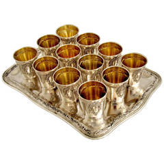 Rare French All Sterling Silver Vermeil Liquor Cups 12 pc w/Original Tray Rococo
