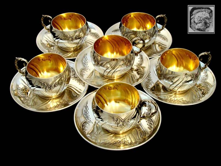 Rare French Sterling Silver Vermeil Six Coffee/Tea Cups with Saucers Rococo