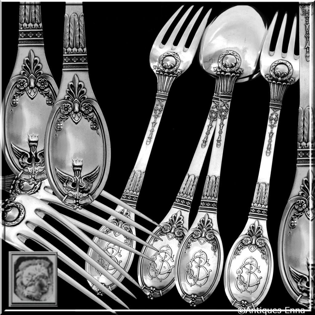Lapparra Fabulous French Sterling Silver Duo of Dinner Flatware Empire Torch

A rare duo flatware including two dinner forks and two dinner spoons. Empire pattern with torches, swans wings, palmettes, laurel wreath and flowers decoration.

Model