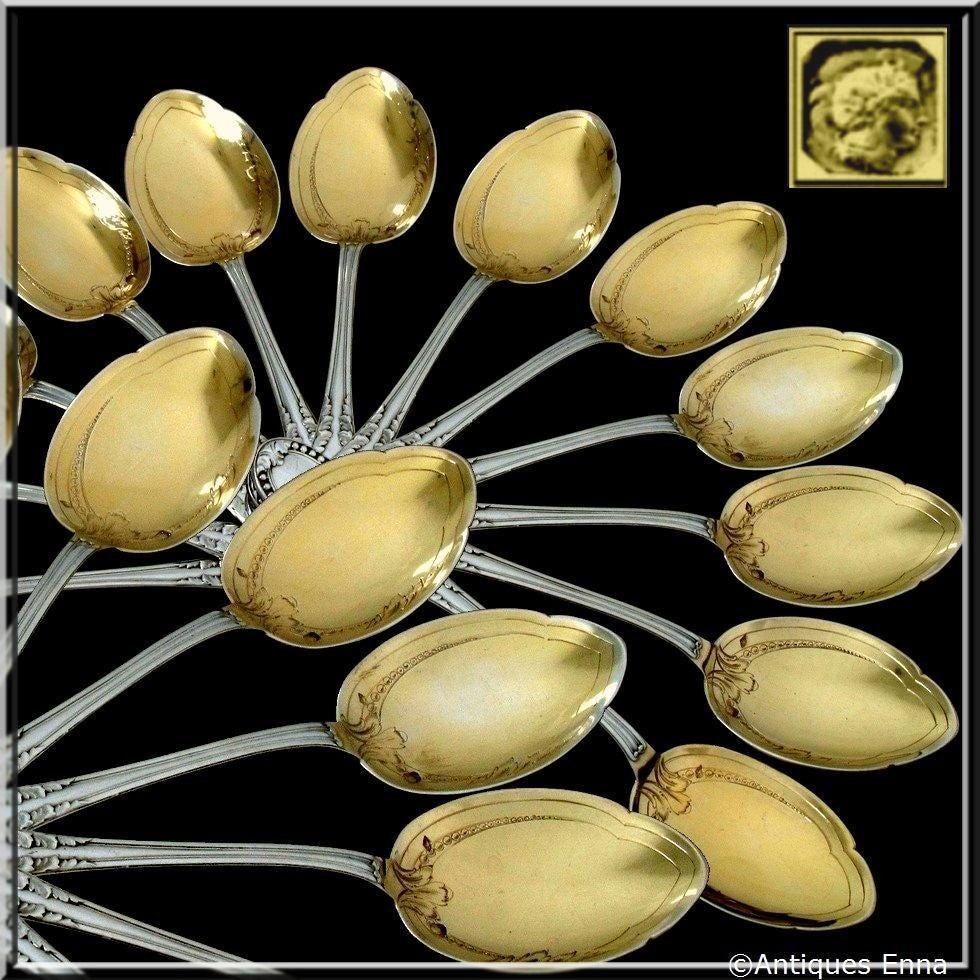 Lapparra French All Sterling Silver Vermeil Ice Cream Spoons Set 12 pc Louis XVI In Good Condition For Sale In Triaize, Pays de Loire