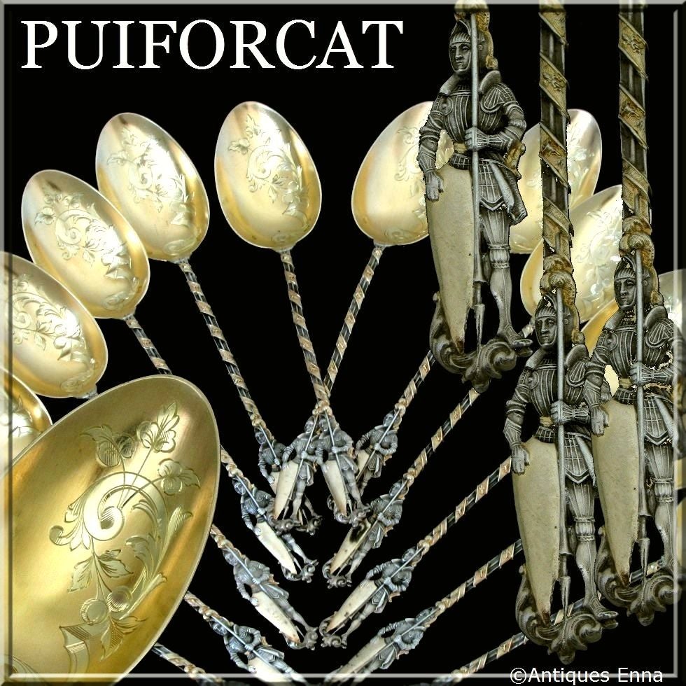 PUIFORCAT Masterpiece French Sterling Silver Vermeil Dessert Spoons Set 12 pc

A set of truly exceptional quality, for the richness of his decoration, not only for his form and sculpting, but also for the multi-coloured which is itself quite rare.