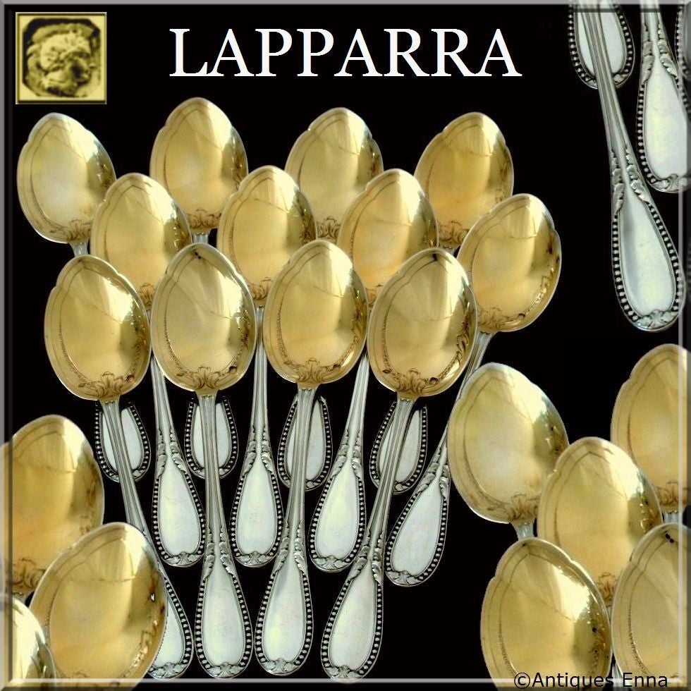 Lapparra French All Sterling Silver Vermeil Ice Cream Spoons Set 12 pc Louis XVI

Head of Minerve 1 st titre for 950/1000 French Sterling Silver Vermeil guarantee.

A set of truly exceptional quality for the multi-coloured which is quite rare.
