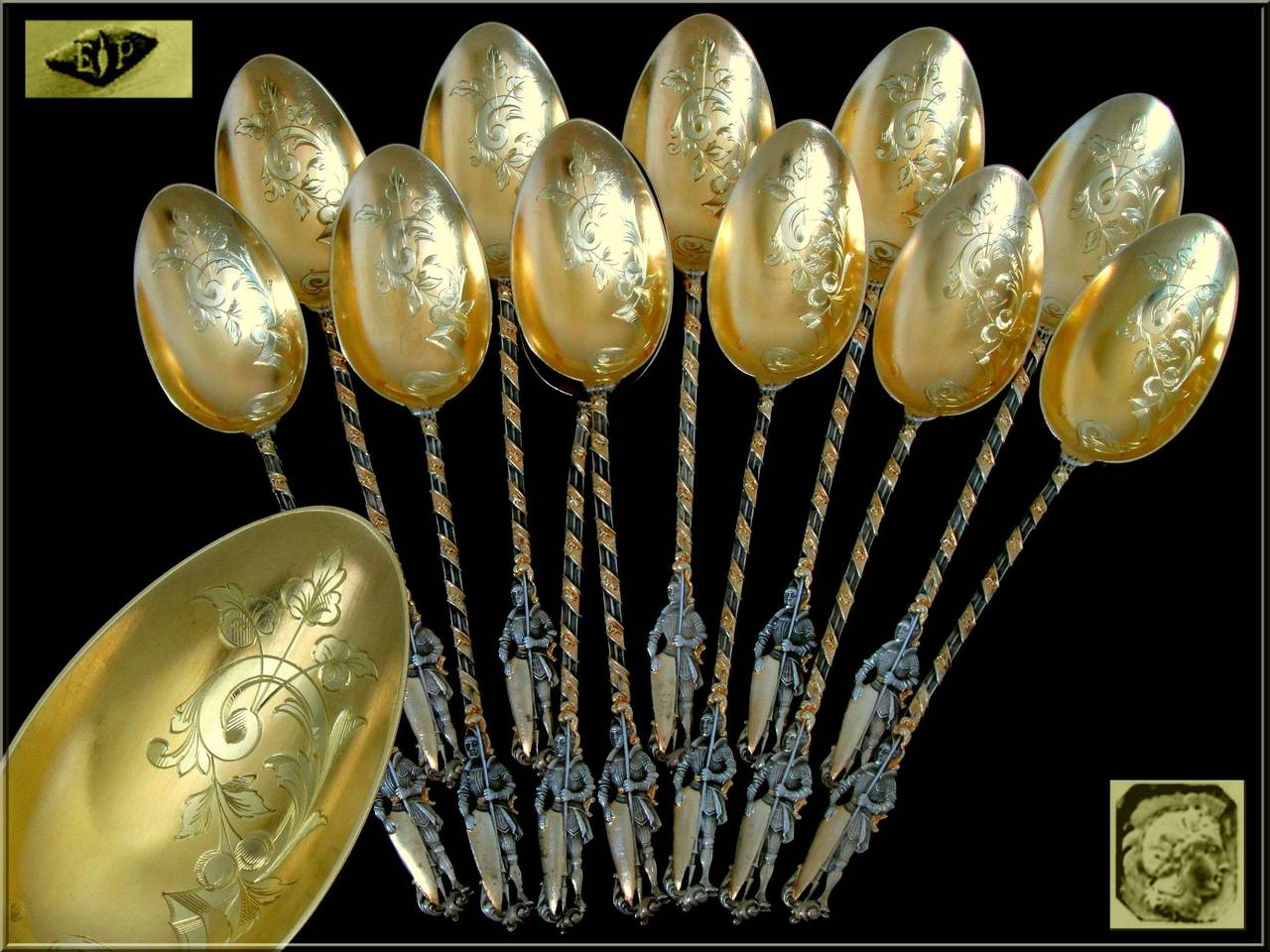 Renaissance Puiforcat Masterpiece French Sterling Silver Vermeil Dessert Spoons Set 12 pc