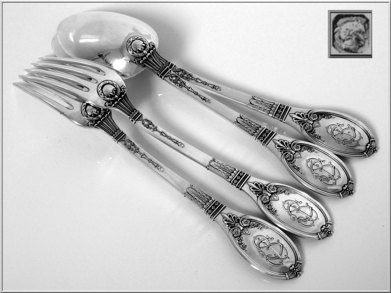 Lapparra Fabulous French Sterling Silver Duo of Dinner Flatware Empire Torch In Good Condition In Triaize, Pays de Loire