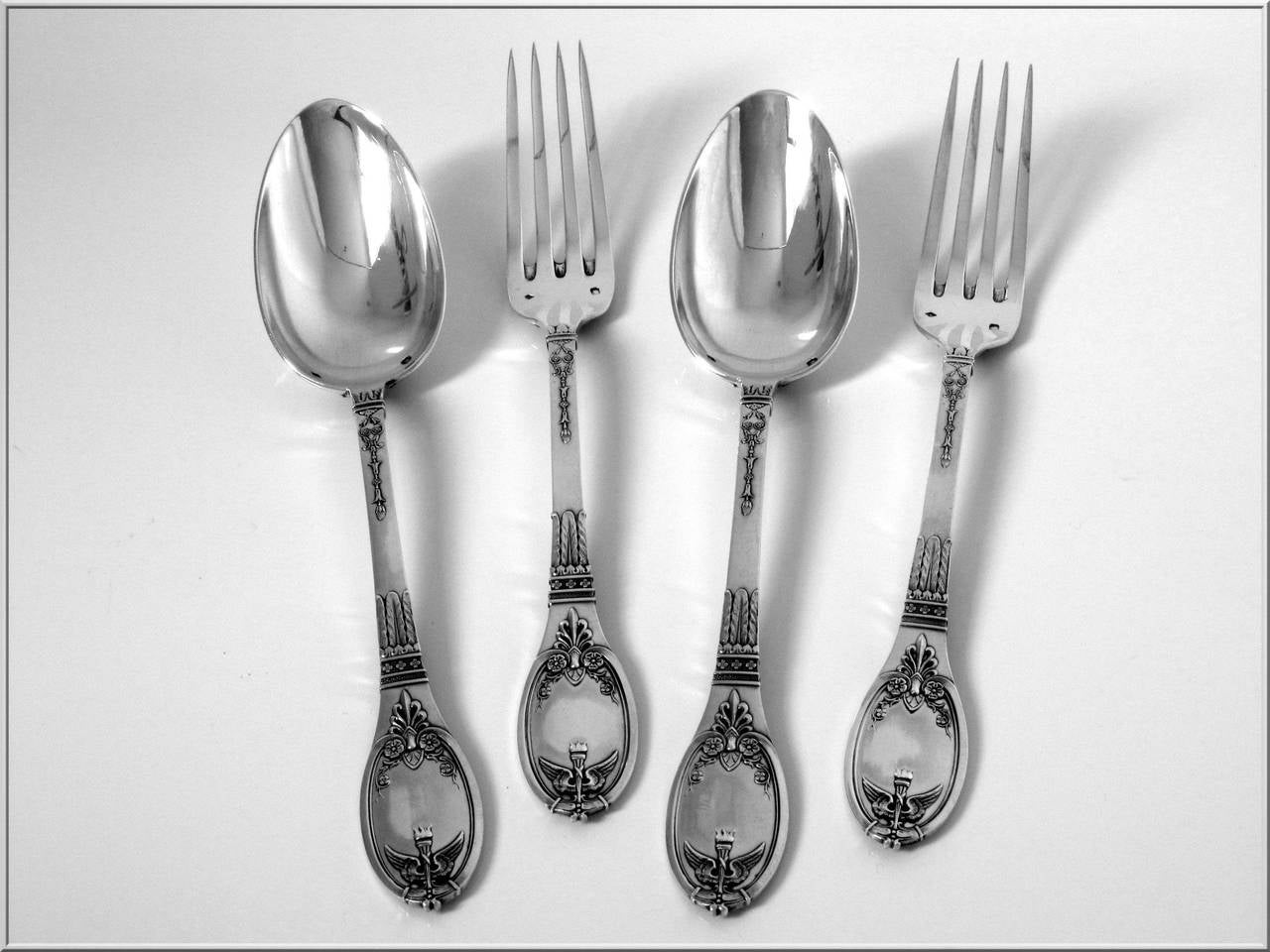 Lapparra Fabulous French Sterling Silver Duo of Dinner Flatware Empire Torch 1