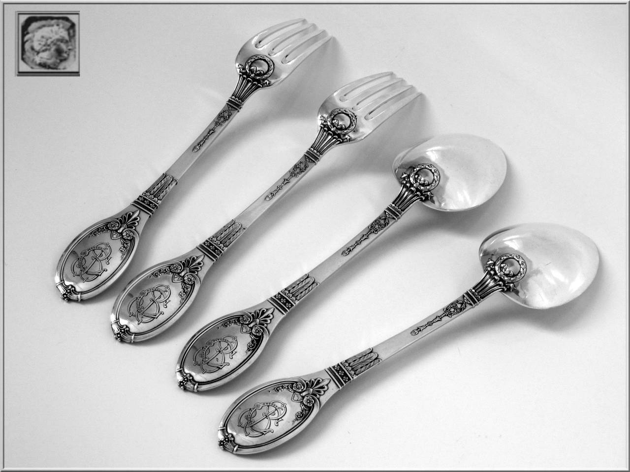 Lapparra Fabulous French Sterling Silver Duo of Dinner Flatware Empire Torch 5