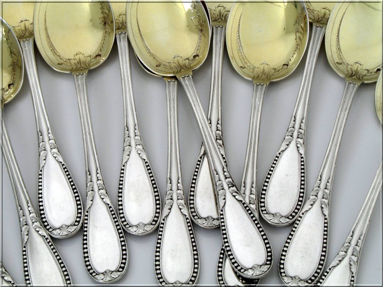 Lapparra French All Sterling Silver Vermeil Ice Cream Spoons Set 12 pc Louis XVI For Sale 1