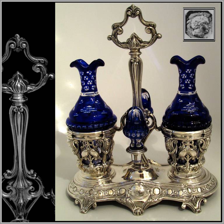 Massat Sterlingsilber Öl- und Vinegar-Krümelentferner-Set Baccarat Kobaltblau Louis XVI