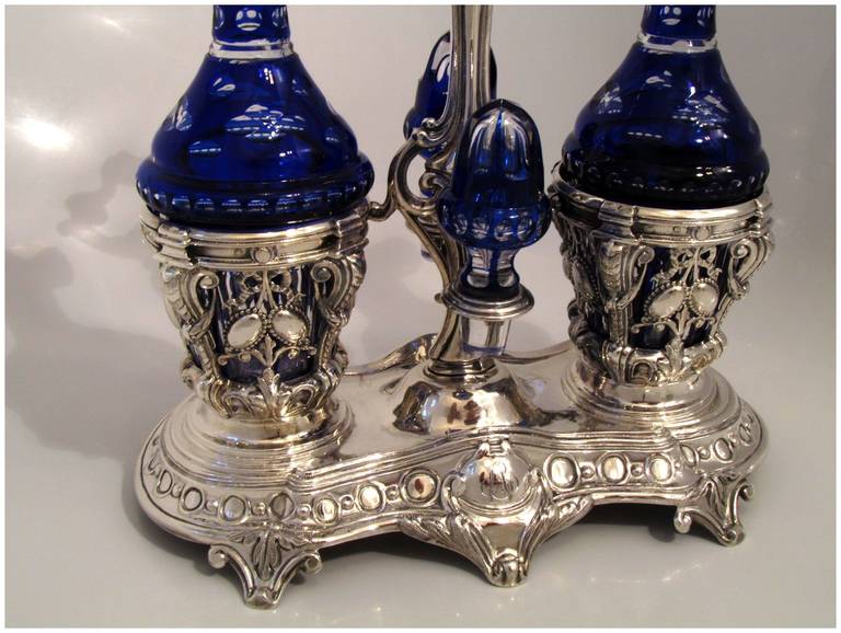 Massat Sterling Silver Oil and Vinegar Cruet Set Baccarat Cobalt Blue Louis XVI 1