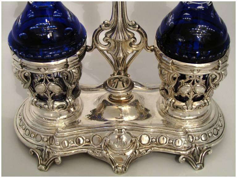 Massat Sterling Silver Oil and Vinegar Cruet Set Baccarat Cobalt Blue Louis XVI 3