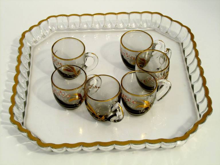 Women's or Men's Baccarat 1900s French Enameled Liqueur Set Decanter Cordials Tray Flowers