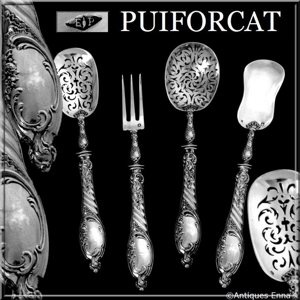 Puiforcat French All Sterling Silver Dessert Hors d'Oeuvre Set 4 pc Rococo

Head of Minerve 1 st titre on the upper parts and on the handles for 950/1000 French Sterling Silver guarantee

A set of truly exceptional quality, for the richness of