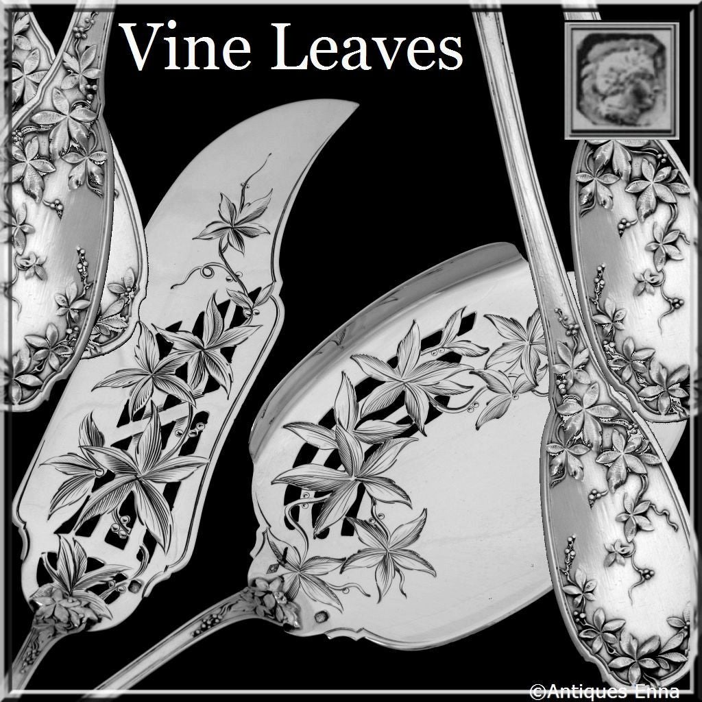 Fabulous French Sterling Silver Ice Cream Set 2 pc with original box Vine Leaves pattern

An unusual pattern of high quality workmanship for this rare ice cream set 2 pc. Art Nouveau pattern, the upper parts are engraved with leaves and the