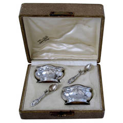 Puiforcat French Sterling Silver Vermeil Salt Cellars Pair Box Art Nouveau