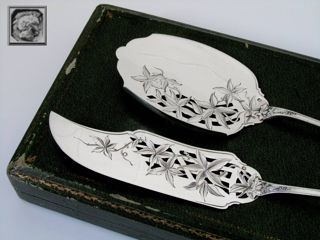 Fabulous French Sterling Silver Ice Cream Set 2 pc with box Vine Leaves pattern 1