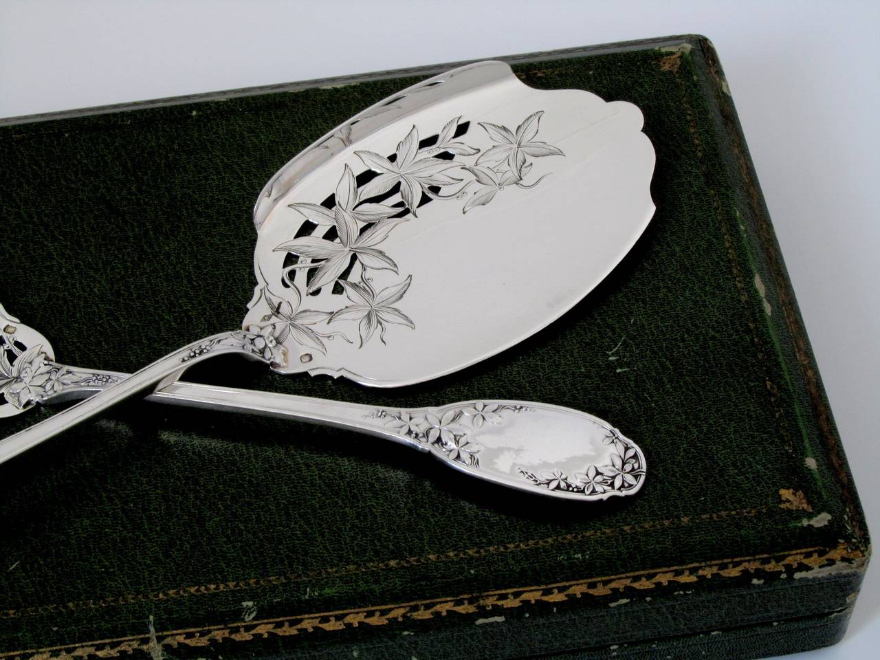 Fabulous French Sterling Silver Ice Cream Set 2 pc with box Vine Leaves pattern 4