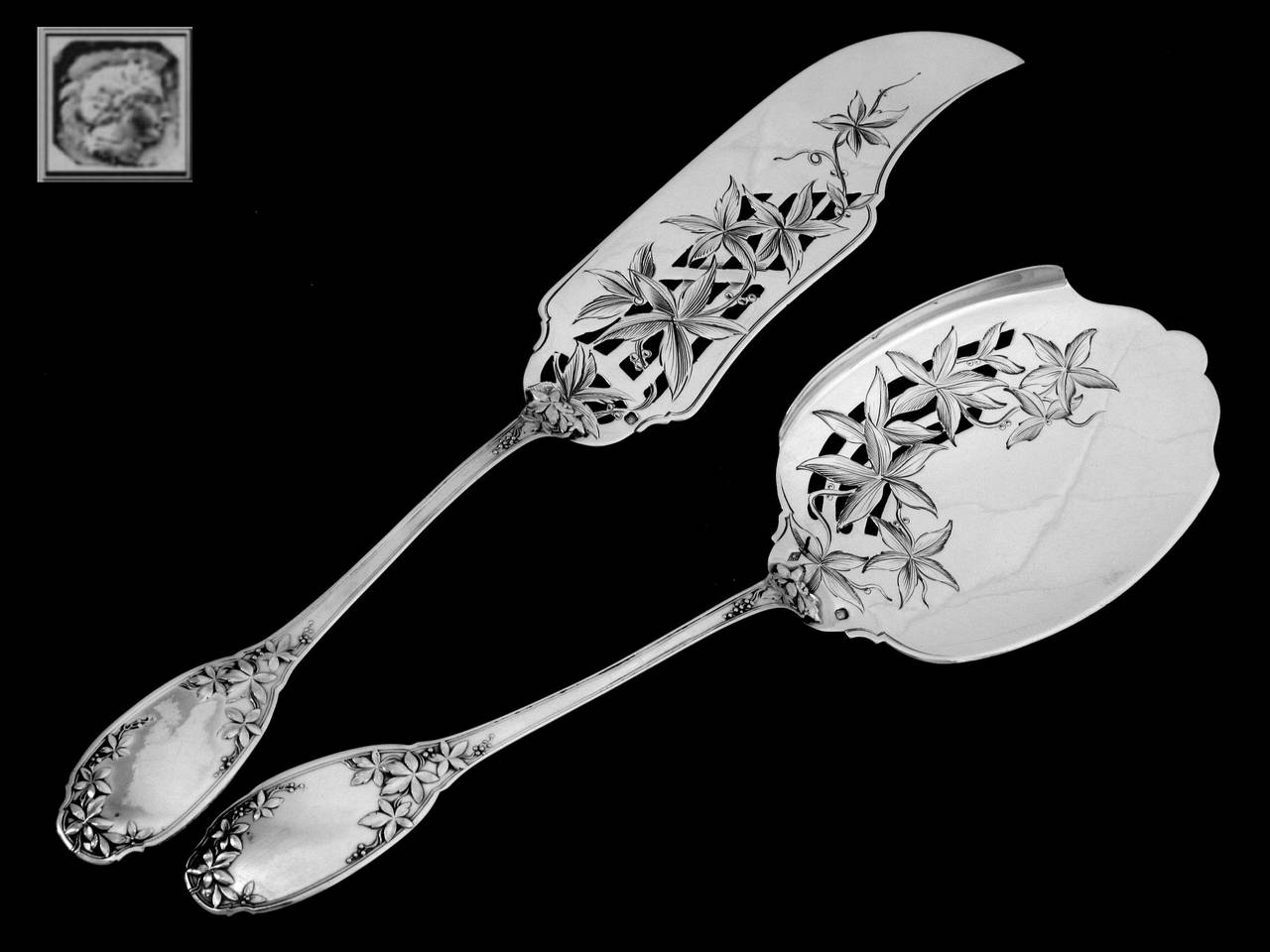 Art Nouveau Fabulous French Sterling Silver Ice Cream Set 2 pc with box Vine Leaves pattern