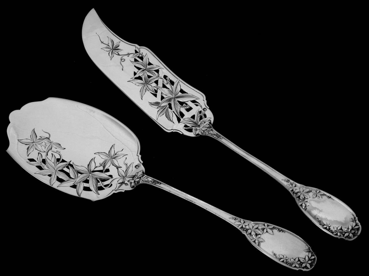 Fabulous French Sterling Silver Ice Cream Set 2 pc with box Vine Leaves pattern 3