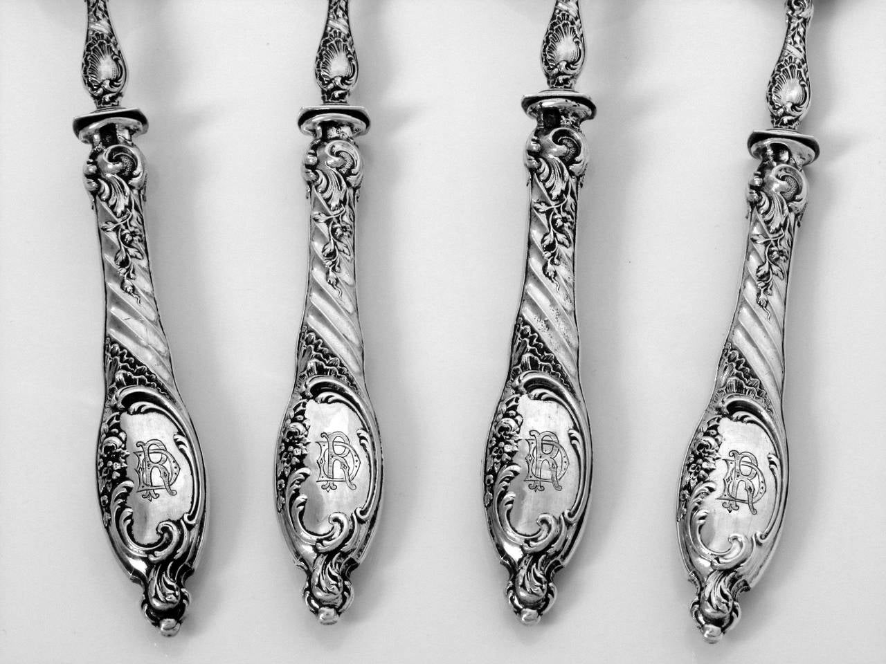 Puiforcat French All Sterling Silver Dessert Hors d'Oeuvre Set 4 pc Rococo For Sale 2