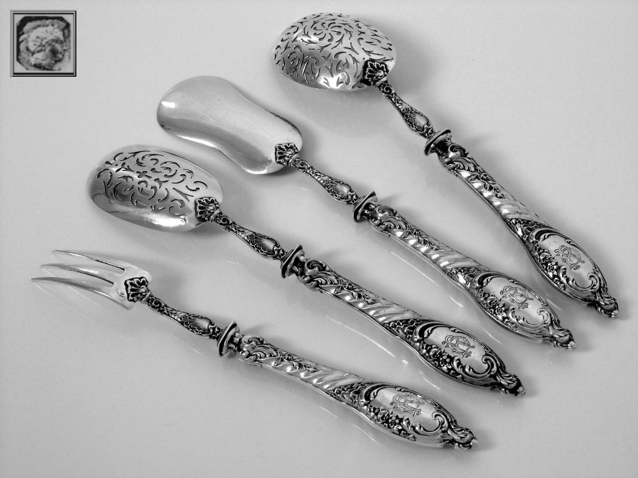 Puiforcat French All Sterling Silver Dessert Hors d'Oeuvre Set 4 pc Rococo For Sale 4