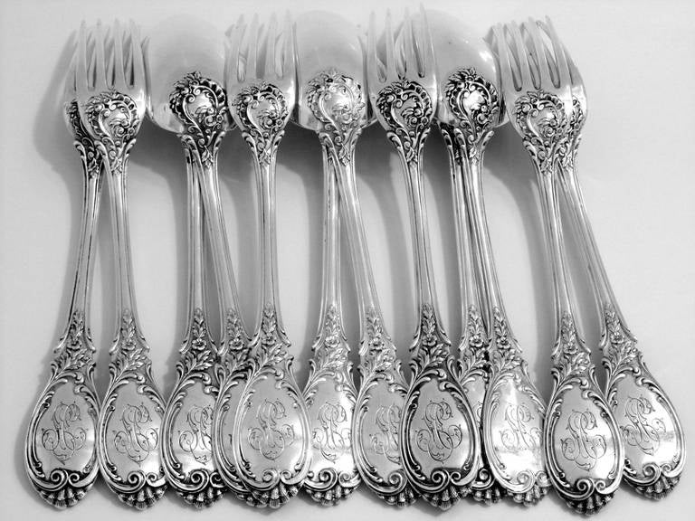 Puiforcat Fabulous French Sterling Silver Dinner Flatware Set 12 pc Roses For Sale 1