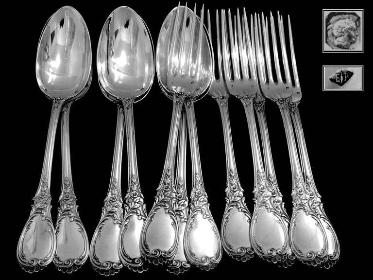 Rococo Puiforcat Fabulous French Sterling Silver Dinner Flatware Set 12 pc Roses For Sale
