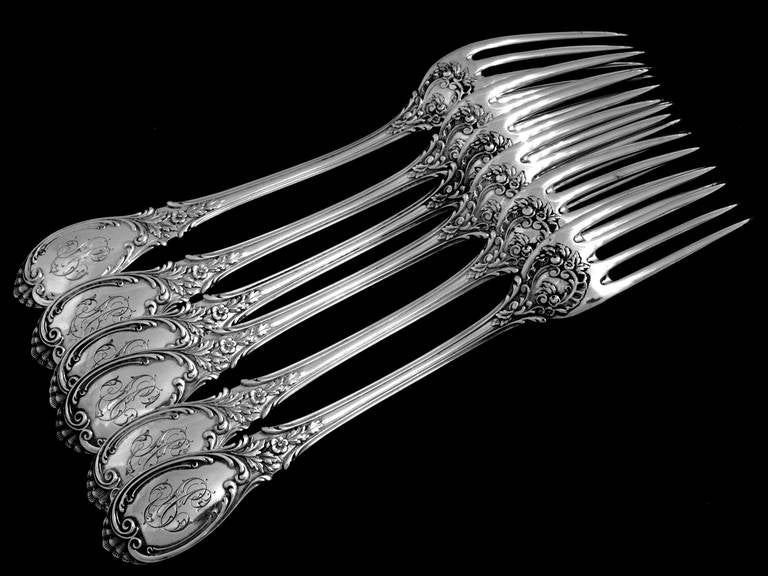 Puiforcat Fabulous French Sterling Silver Dinner Flatware Set 12 pc Roses For Sale 4