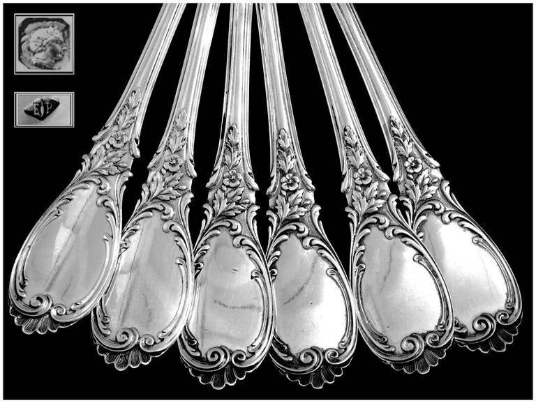 Puiforcat Fabulous French Sterling Silver Dinner Flatware Set 12 pc Roses For Sale 5