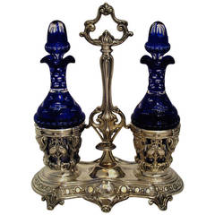Antique Massat Sterling Silver Oil and Vinegar Cruet Set Baccarat Cobalt Blue Louis XVI