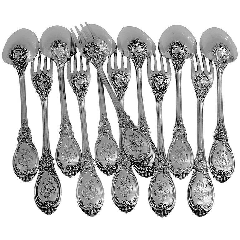 Puiforcat Fabulous French Sterling Silver Dinner Flatware Set 12 pc Roses For Sale